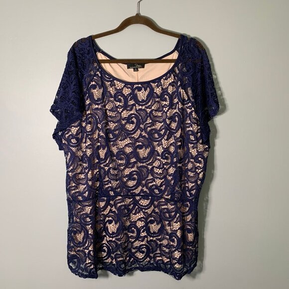 Suzanne Betro Tops - NWOT Suzanne Betro Lace Blouse Women 4X Navy Blue Short Sleeve Scoop Neck Scroll